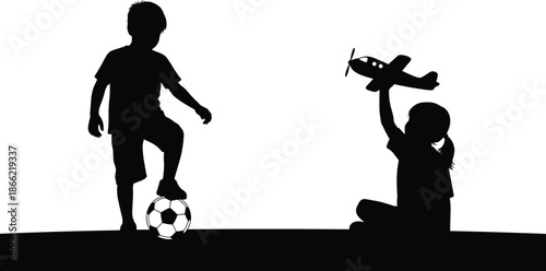 Children playing silhouette illustration, boy with soccer ball and girl holding toy airplane, childhood imagination concept isolated black figures set