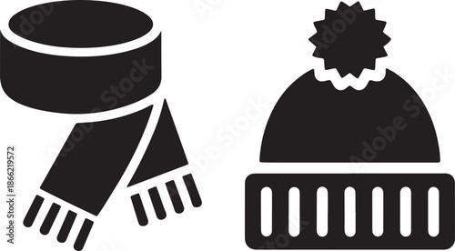 Winter Scarf and Beanie Hat Icon Set in Solid Style Representing Cold Weather Accessories