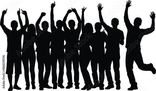 Group of people cheering silhouette illustration, happy crowd raising hands together, celebration, unity, success concept isolated black figures