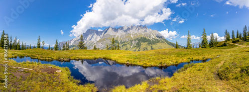 Foto Austria Alps landscape with alpine meadows, forested slopes, and rugged mountain peaks under open sky