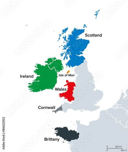 Celtic nations, map of the six Celtic countries, a cultural area and a collection of geographical regions in Northwestern Europe, where Celtic languages and cultural traits have survived. Vector