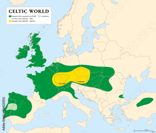 Celtic world, history map of the Celts, a collection of Indo-European peoples in Europe and Anatolia. Map with core Hallstatt territory, the La Tène culture, and greatest expansion by 275 BC. Vector