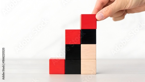 Progress Concept – Hand Placing Red Block on Stepped Structure of Colored Wooden Cubes, blocks, hand, stacking, growth, progress, development, strategy, red, wood, minimal