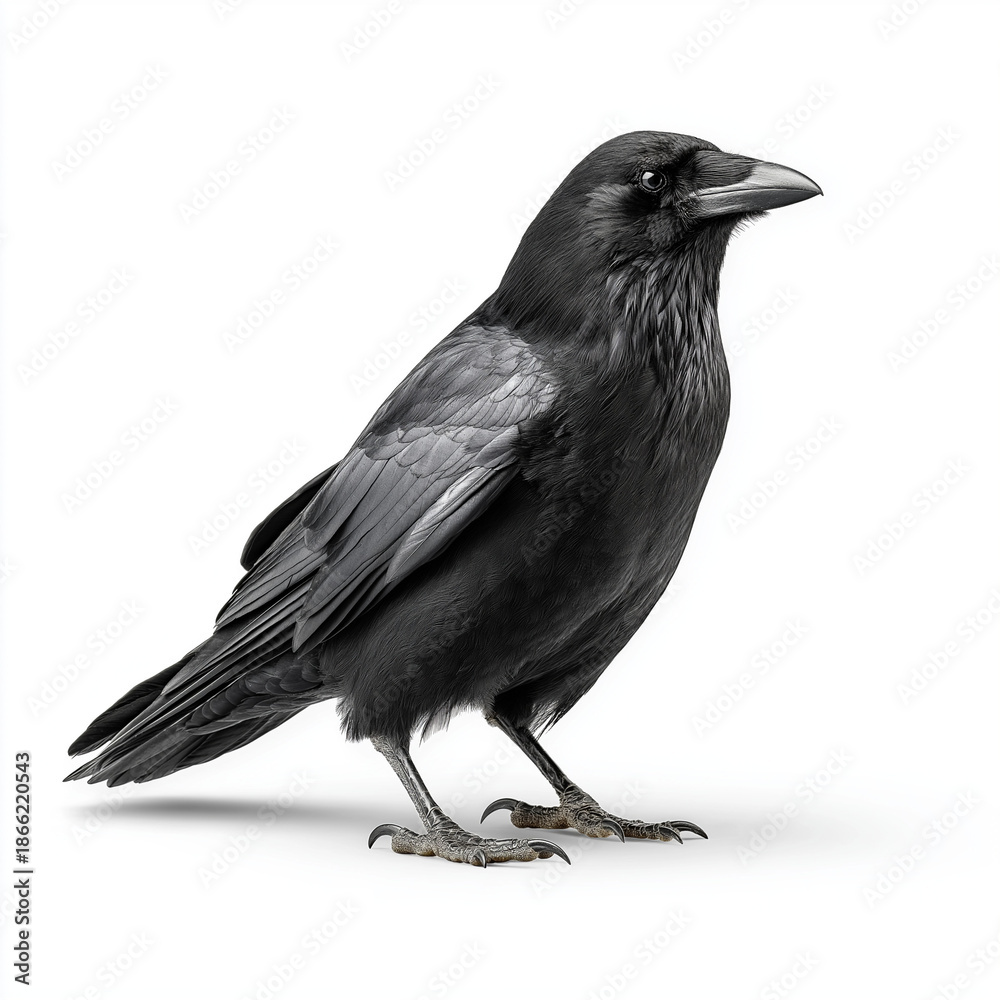 Obraz premium Black Crow Isolated on White Background, Detailed Raven Bird Close Up, Wild Black Bird Symbolism, Nature and Wildlife Concept