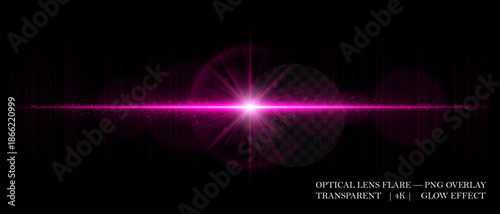 Optical horizontal lens flare with soft reflections, glowing orbs, and radiant beam. Great for digital overlays, photo lighting, and sci-fi design projects.