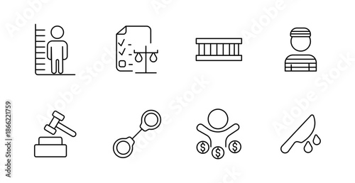 Justice set icon. Height chart, document, scale, prison building, prisoner, gavel, handcuffs, corruption, crime, law, punishment, sentence, court