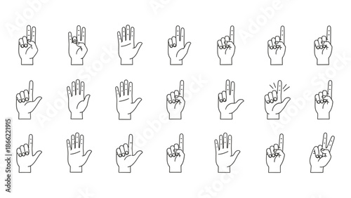 Comprehensive collection of line art hand gestures for counting one through five, illustrating diverse finger positions for numerical representation and communication