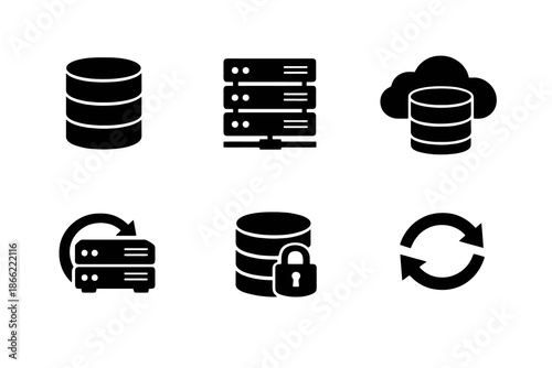 Data storage and server icon set with databases, backups, and cloud systems. Black flat vector icons for SaaS dashboards, IT platforms, and professional UI design.