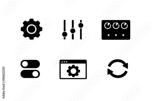 Settings and configuration icon set in black flat vector style. Clean control symbols for software platforms, websites, and digital systems.