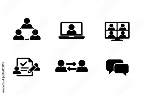 Teamwork and remote work icon set with collaboration, meetings, and shared tasks. Black flat vector icons for productivity apps, dashboards, and UI design.
