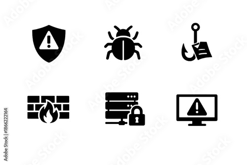 Digital security and cyber threat icon set in black flat vector style. Clean protection symbols for IT systems, SaaS platforms, and enterprise software.