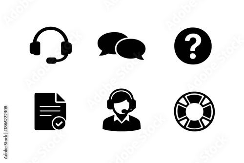 Customer service and support icon set in black flat vector style. Clean help desk symbols for apps, websites, and digital service platforms.