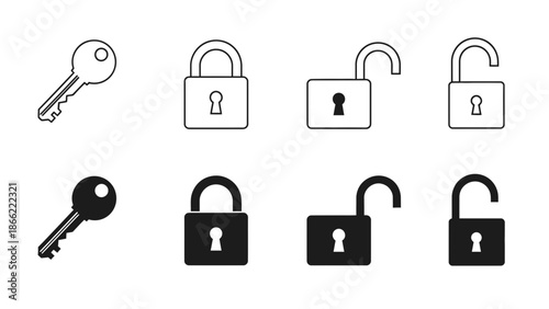 Collection of lock and key icons, representing security and access, in both outline and solid styles for versatile design applications