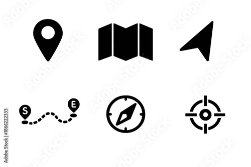 Location and navigation icon set with maps, GPS routes, and direction symbols. Black flat vector icons for apps, dashboards, and digital navigation UI design.