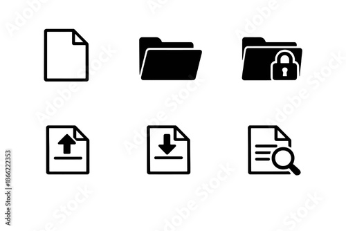 File and document management icon set with folders, uploads, downloads, and secure files. Black flat vector icons for apps, dashboards, and modern UI design.