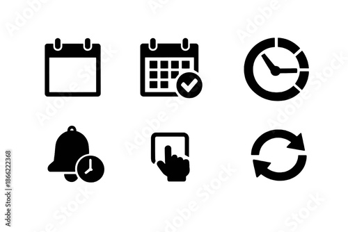 Calendar and scheduling icon set with reminders, time management, and recurring events. Black flat vector icons for productivity apps, dashboards, and modern UI design.