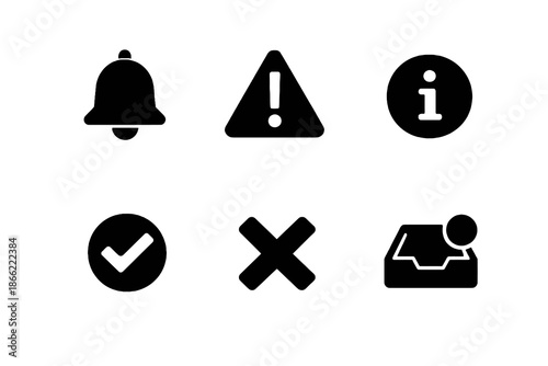 System alert and notification icon set in black flat vector style. Clean message symbols for software platforms, websites, and digital interfaces.