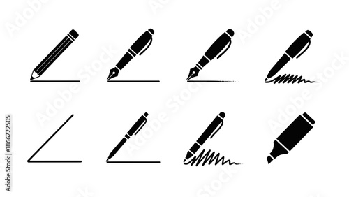 Black silhouette vector icons of writing and drawing instruments pencils, fountain pens, ballpoint pens, and markers