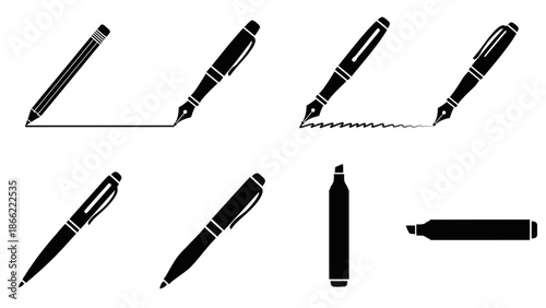 Diverse set of essential writing and drawing tools, featuring sleek black silhouettes of pencils, fountain pens, ballpoint pens, and markers, perfect for design and education