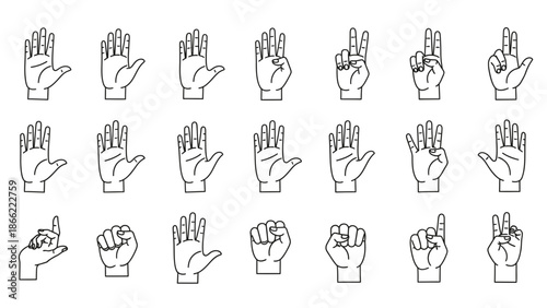 Versatile collection of minimalist outline hand gestures illustrating diverse communication concepts, counting methods, and universal sign language symbols for various design projects