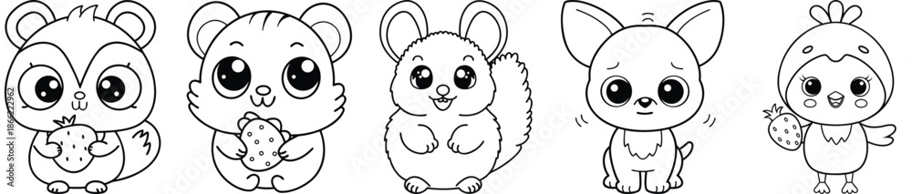Fototapeta premium Adorable Animal Characters Set, Kawaii Wildlife Illustrations For Children Books And Cute Design Elements