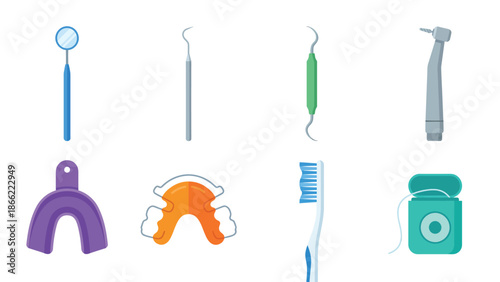 Dentistry Tools & Oral Hygiene Essentials Flat Vector Set. Dental Instruments, Retainer, Toothbrush, Floss Collection