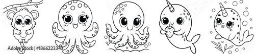 Cute Marine Life Collection Featuring Octopus, Dolphin, Jellyfish, And Narwhal Vector Illustration