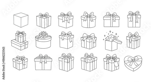 Set of hand drawn gift boxes isolated on, vector illustration of different shapes and sizes, perfect for any design project