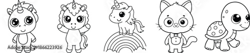 Adorable Kawaii Creatures Collection: Unicorns, Seahorse, Dragon, Kitten, Dinosaur Outline