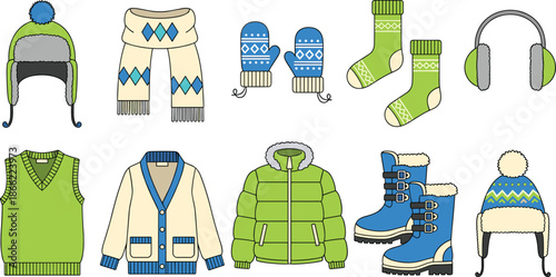 Complete winter apparel collection featuring green and blue puffer jackets cardigan sweaters wool hats scarves mittens socks and snow boots for cold season fashion