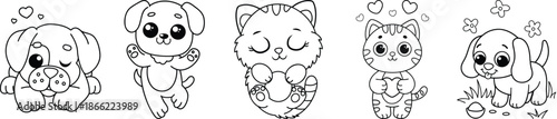 Adorable Puppy And Kitten Collection Cute Animal Doodles For Coloring Book Pages