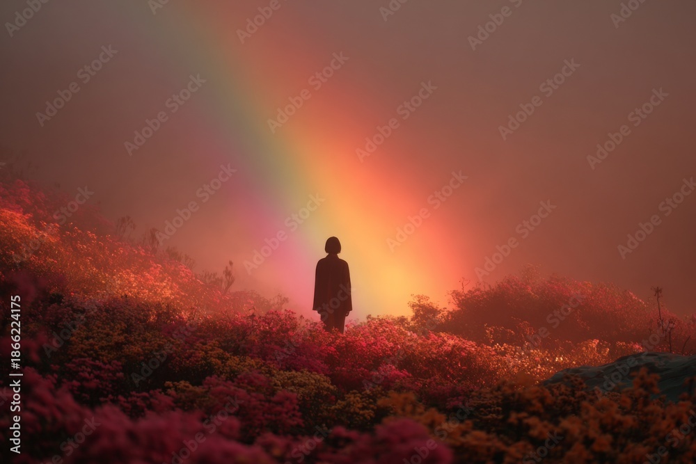 Fototapeta premium A person stands alone in a field filled with colorful flowers. A rainbow appears in the foggy sky during early morning hours Generative AI