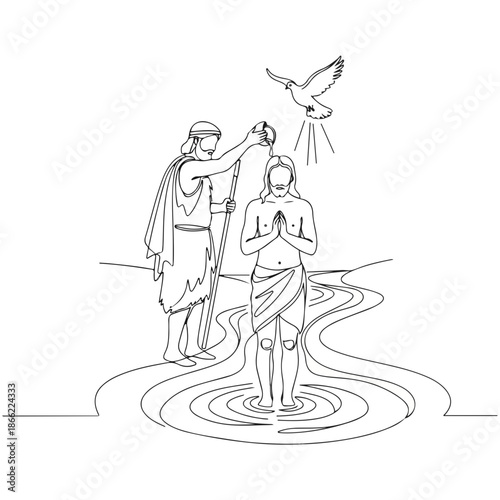 Baptism of Christ line illustration, John Baptist immersing Jesus in river. New Testament scene shows holy spirit as dove above Christ, a pivotal moment in Christian faith.