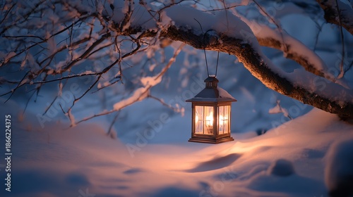 A snowy scene lit by a hanging lantern, creating a warm glow in a winter wonderland
