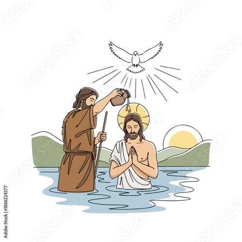 Illustration depicting Baptism of Christ, showing John Baptist pouring water over Jesus in river, dove of Holy Spirit above with divine light.