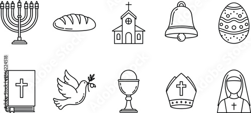 Complete Christianity and religious icon set featuring a church bible dove with olive branch cross bell easter egg menorah and nun symbols
