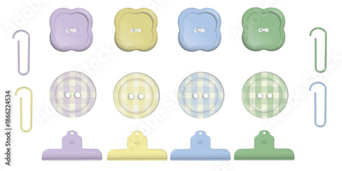 Set of various pastel buttons, paper clips, and binder clips isolated over a transparent background, office desk stationery, purple, yellow, blue, and green