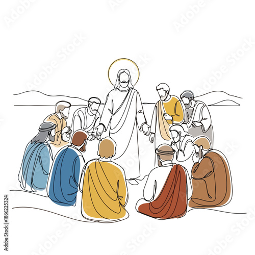 Line art illustration depicts Jesus disciples gathered around, listening to spiritual teaching. Biblical scene features his followers, apostles seated, absorbing New Testament.