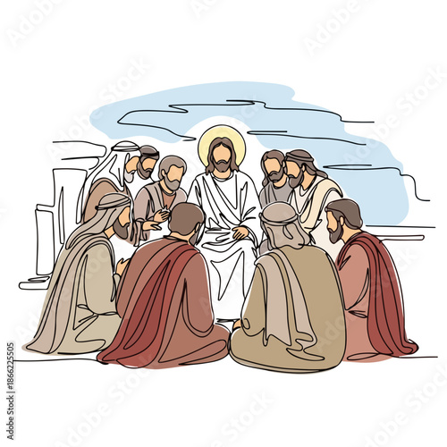 Line art shows disciples of Christ with haloed teacher. Scene portrays apostles receiving wisdom, embodying disciples of Christ lesson. Religious concept for education, church media,
