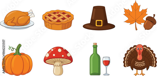 Complete Thanksgiving celebration icon set featuring roasted turkey pumpkin pie pilgrim hat autumn maple leaf mushroom wine and festive turkey character
