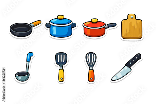 Kitchen utensils and cookware cartoon icons set