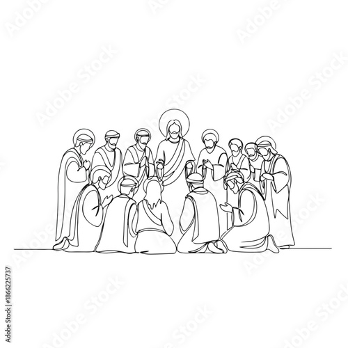 Line art of disciples of Jesus around haloed figure. Sacred scene portrays apostles, followers receiving wisdom, a moment for disciples of Jesus. Concept for religious education, Christian publishing,