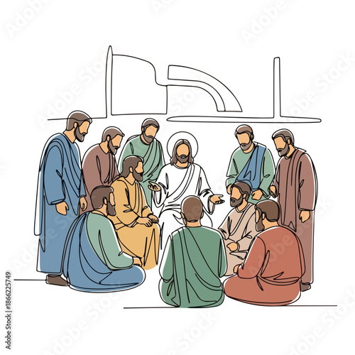 Single continuous line art illustration showing Disciples of Christ gathering around spiritual leader for important teaching. Group of Disciples of Christ listens intently to wisdom,