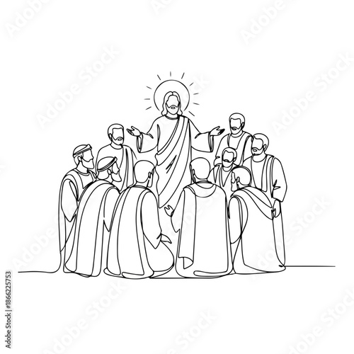 Line art shows Jesus teaching his disciples, sharing wisdom with followers. This spiritual Jesus teaching conveys New Testament guidance. For religious education, church media,
