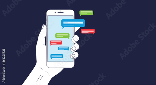 Hand holding a white smartphone displays a series of colorful chat bubbles representing a modern digital conversation through text messaging.