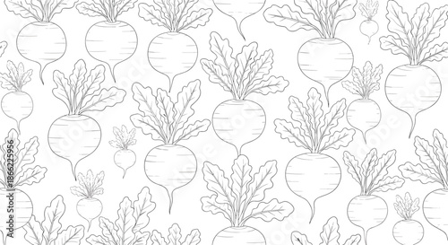 Detailed seamless pattern of beet vegetables with their lush leaves is illustrated in a delicate line art style for food and gardening.