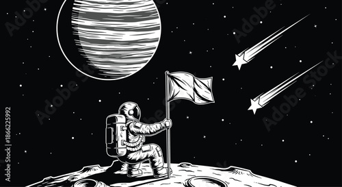 Detailed space illustration shows an astronaut planting a flag on the surface of the moon with a giant planet and shooting stars behind.