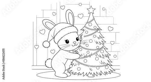 Adorable coloring page featuring a small rabbit wearing a Santa hat and hugging a decorated Christmas tree with hearts around.