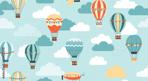 Seamless pattern of colorful hot air balloons floating among white fluffy clouds on a light blue sky background.