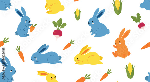 Seamless pattern of cute colorful bunnies and various garden vegetables like carrots and corn on a white background.